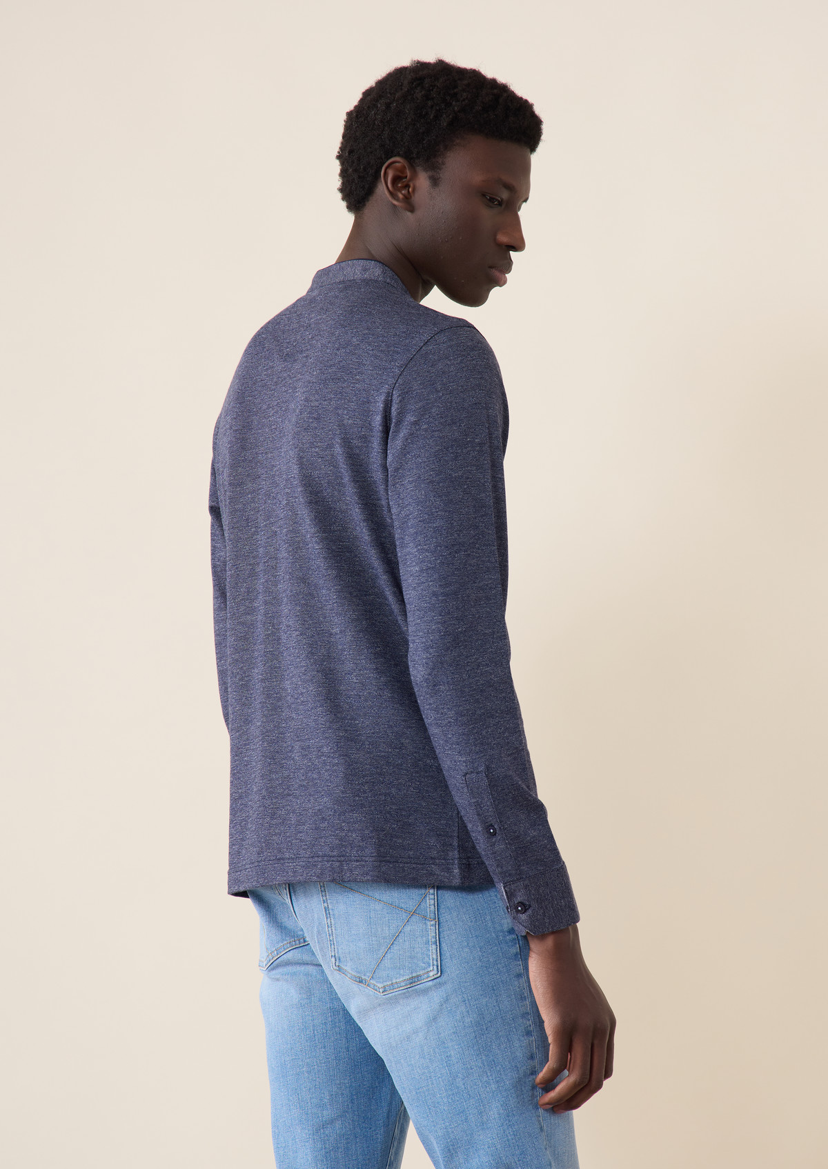 Polo manches longues Slim en coton uni bleu jeans à col officier