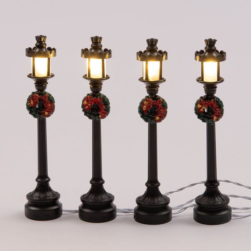Intratuin - Kerstdorp Verlichting Lantaarn met Krans - Zwart - 4 Stuks - H 10 cm