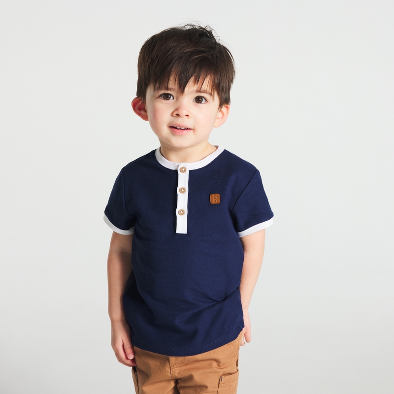 T-shirt col tunisien maille piquée bleu bébé garçon