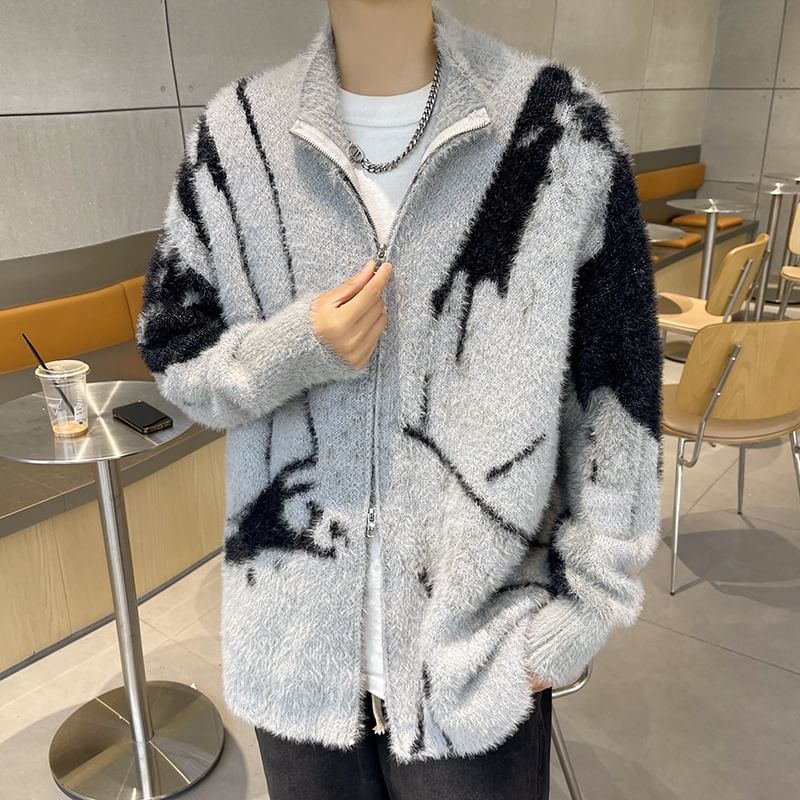 Hushgrain - Mock Neck Color Block Fluffy Zip Cardigan