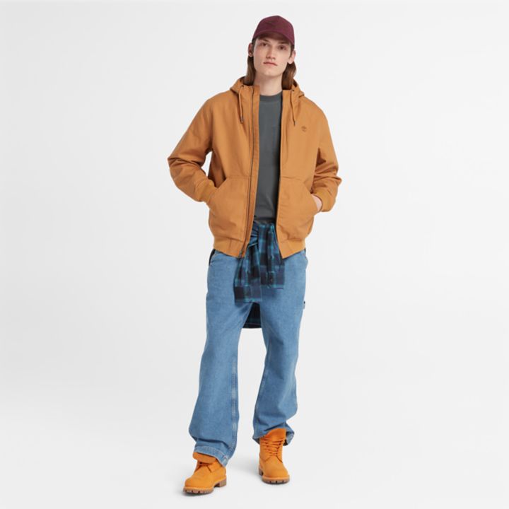 Jaqueta bomber masculina com capuz e isolamento térmico em lona laranja.