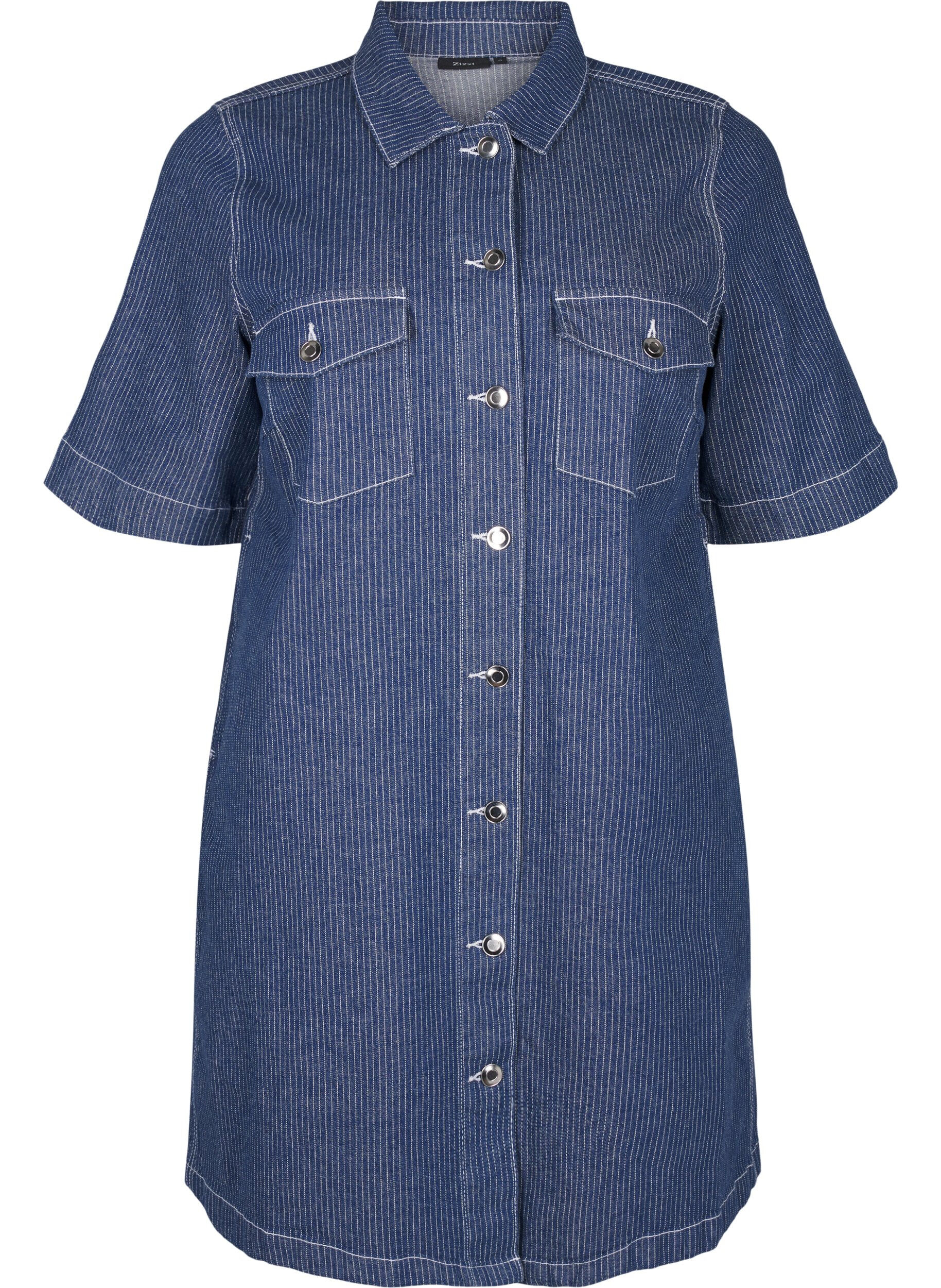 Nålestribet denimkjole med brystlommer