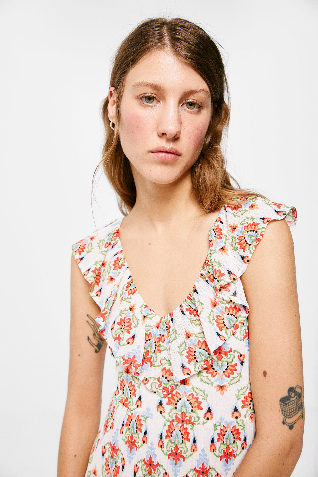 Vestido midi com painel estampado - Amarelo