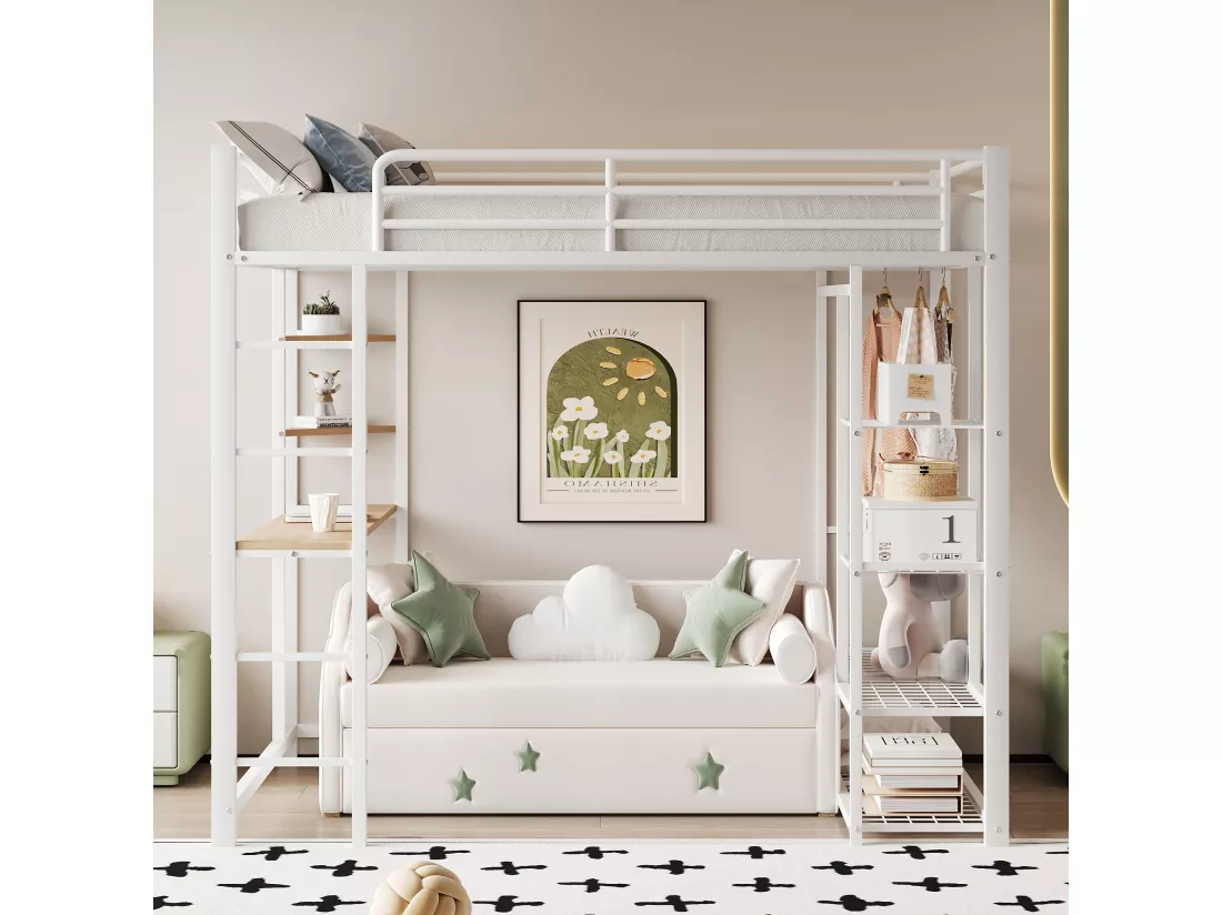 Lit mezzanine 90 x 200 cm avec bureau et étagères de rangement - métal - sommier à lattes - blanc (sans matelas)