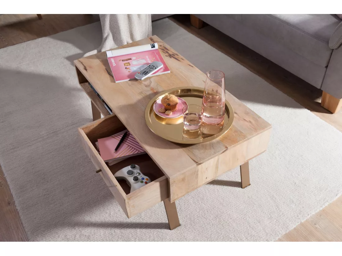 Table basse Sikar 95X42X50Cm En Bois Massif Solide / Métal Manguier