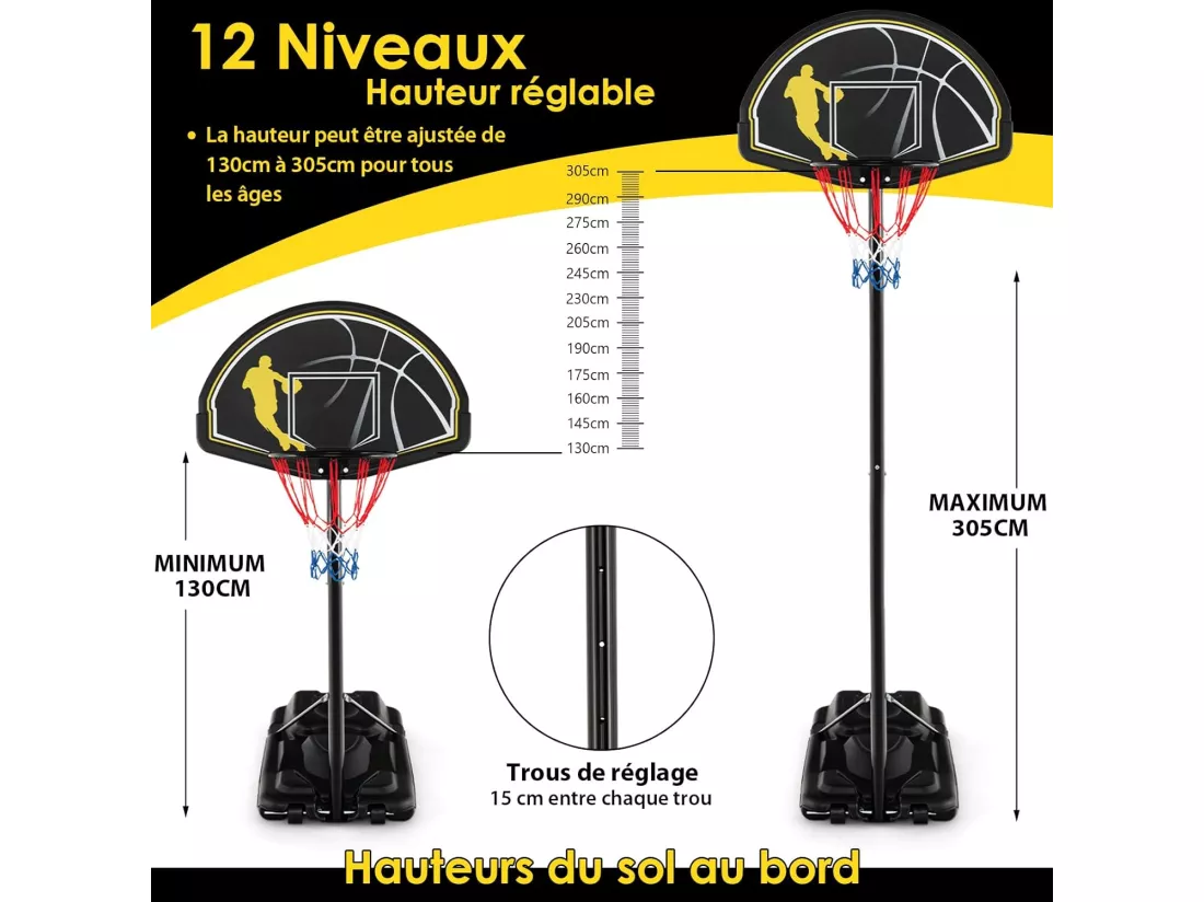 Panier de Basket-Ball sur Pieds avec Hauteur Réglable 130-305cm, Support de Basket Portable avec Roues et Base Rechargeable, Résistant aux Intempéries, Intérieure & Extérieure
