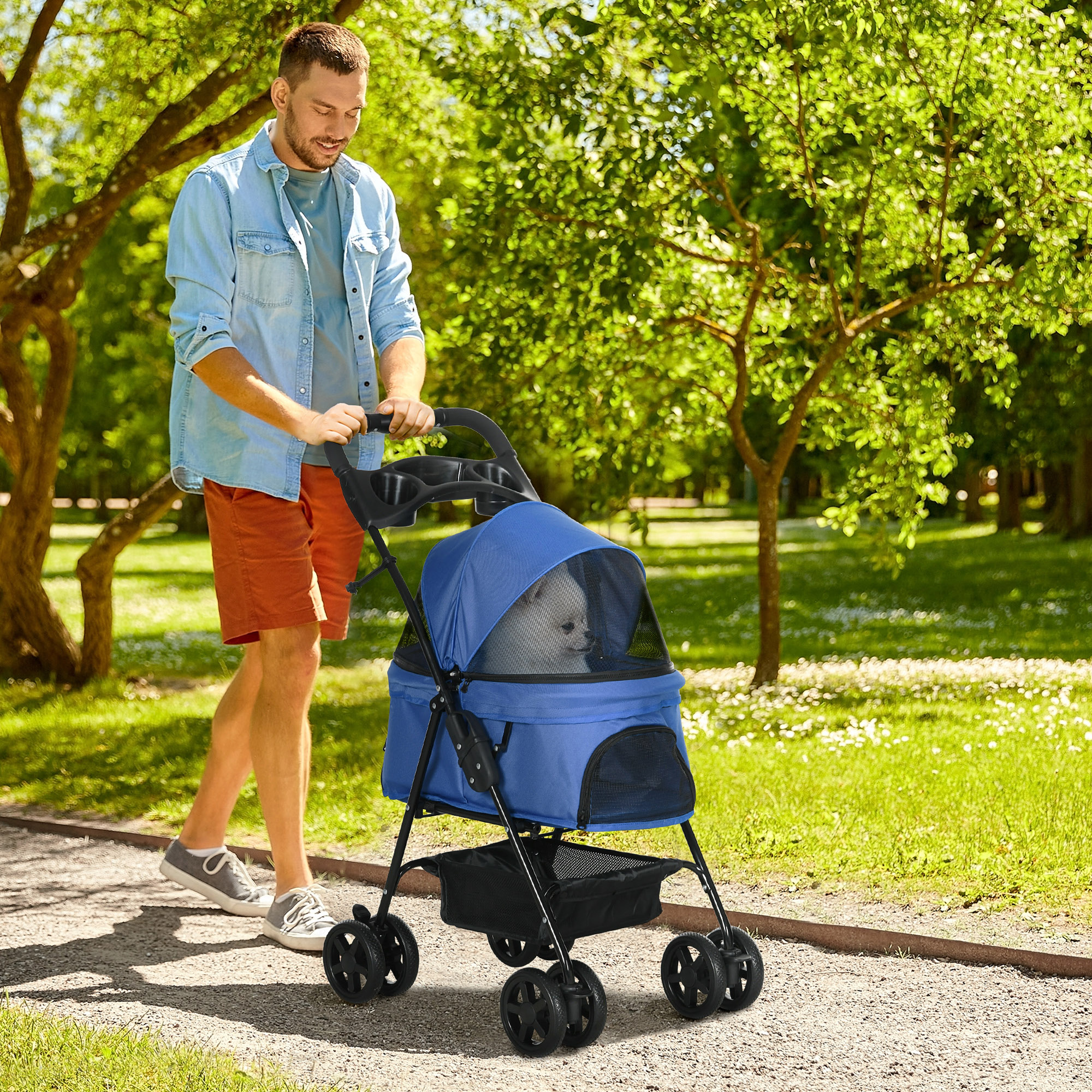 Carrinho de passeio dobrável azul para animais de estimação Pawhut