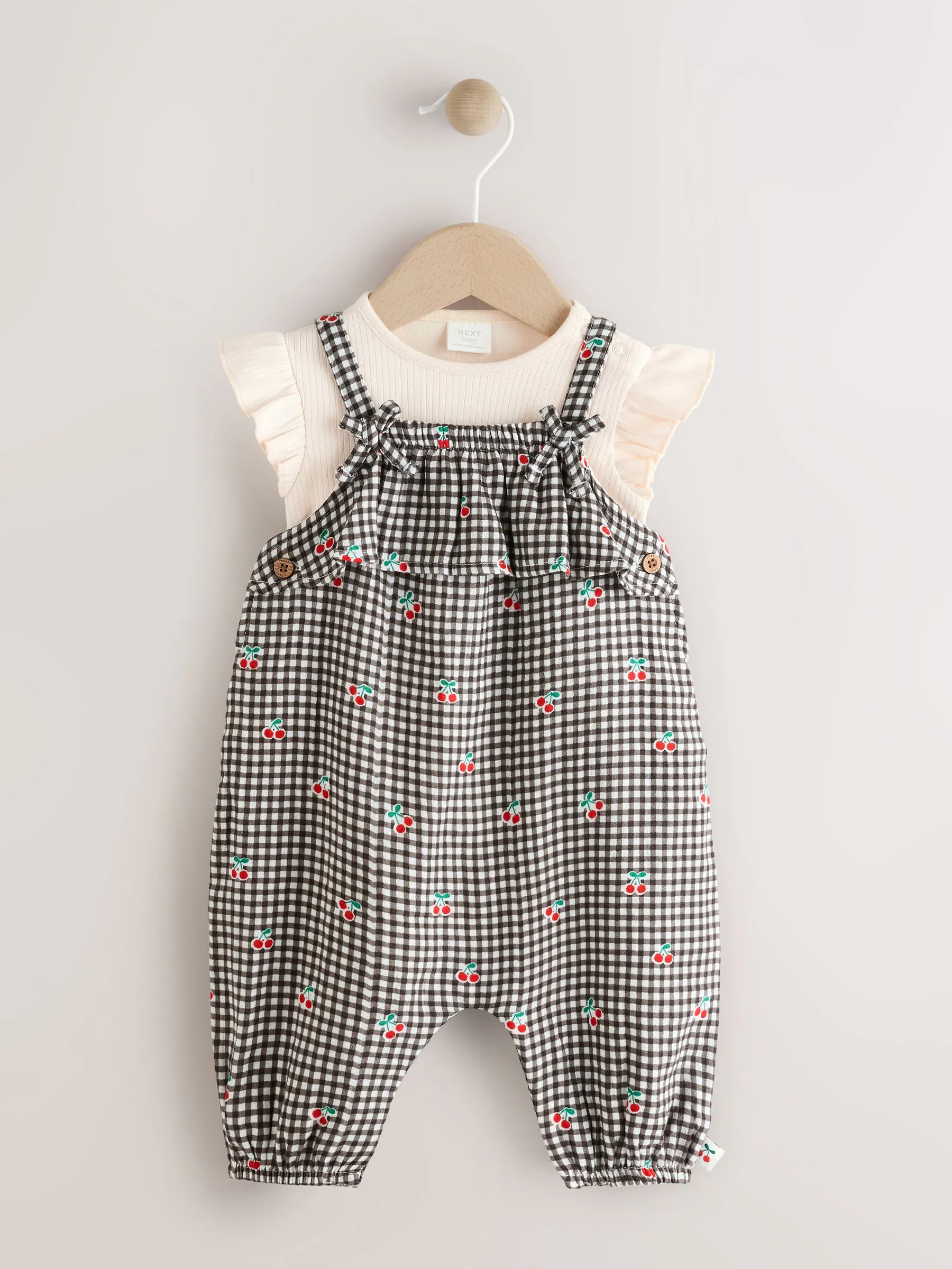 Zwart/wit geruite kers - Babyset van rompertje met korte mouwen en tuinbroek (0mnd -2jr)