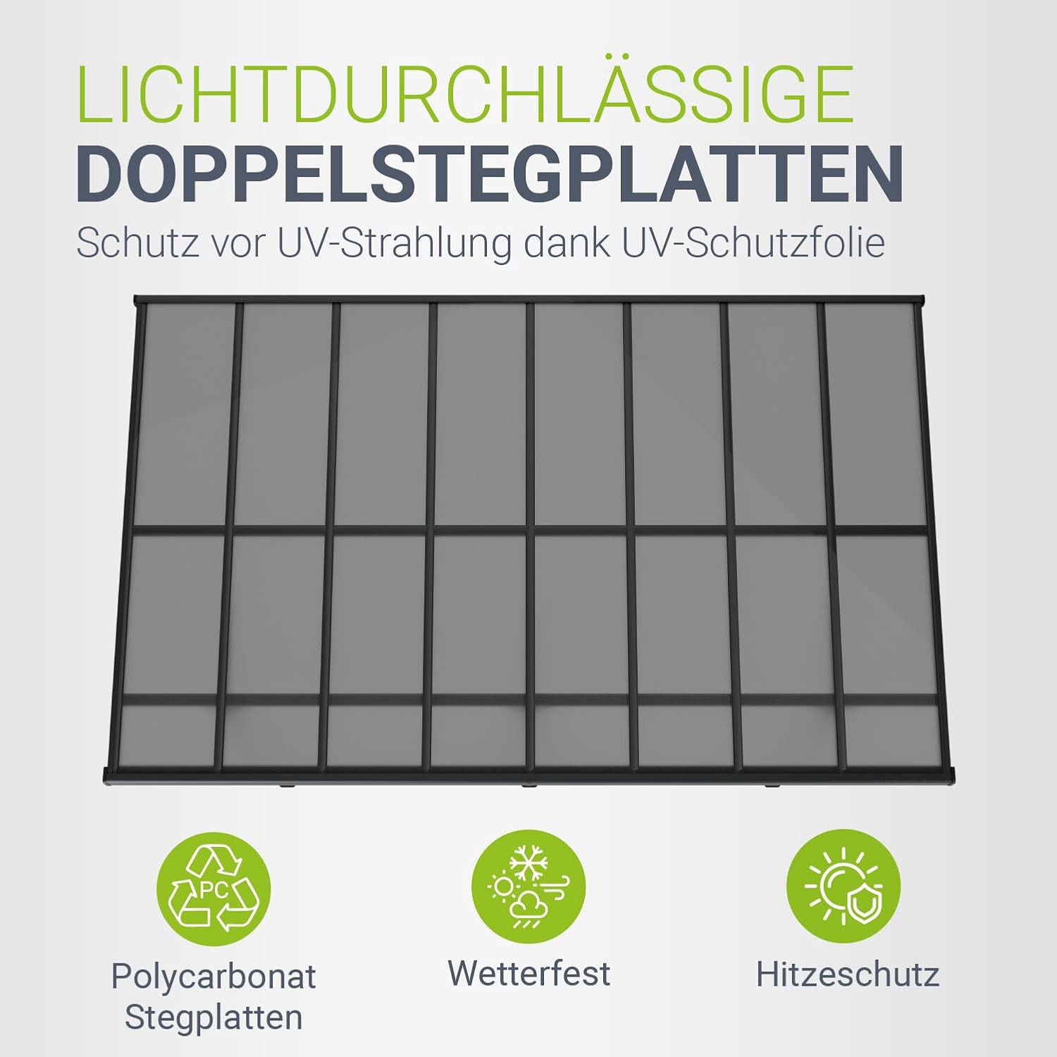 Juskys Terrassenüberdachung Borneo 5x3 m — Sonnenschutz aus Aluminium mit grauen Doppelstegplatten — Terrassendach zur Wandmontage in Dunkelgrau