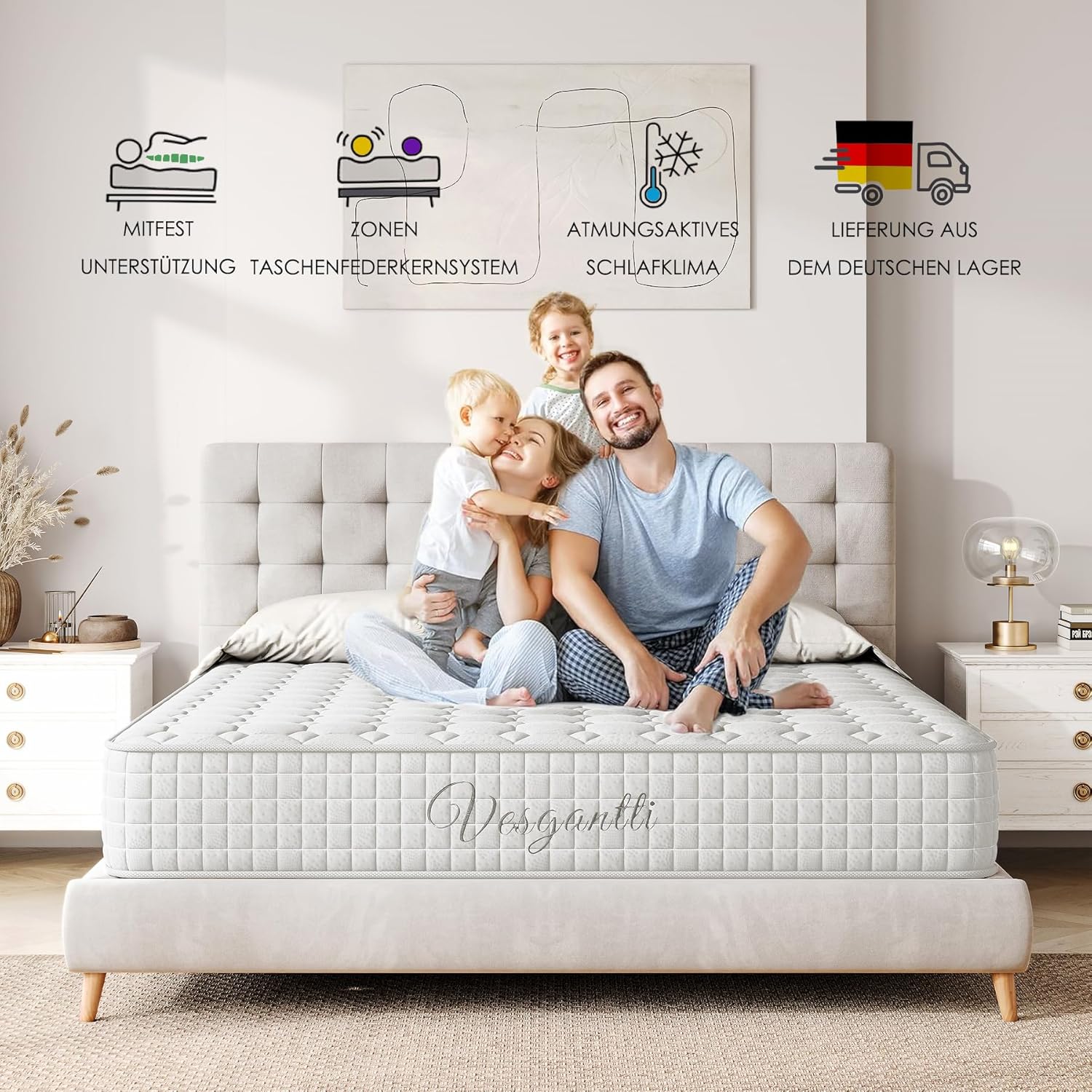 Vesgantti Matratze 24cm höhe H3 160x200 Mittelfest 7-Zonen Taschenfederkernmatratze Orthopädischem Tonnentaschenfederkernmatratze Öko-Tex Kaltschaummatratzen(Weiß,Tight Top)