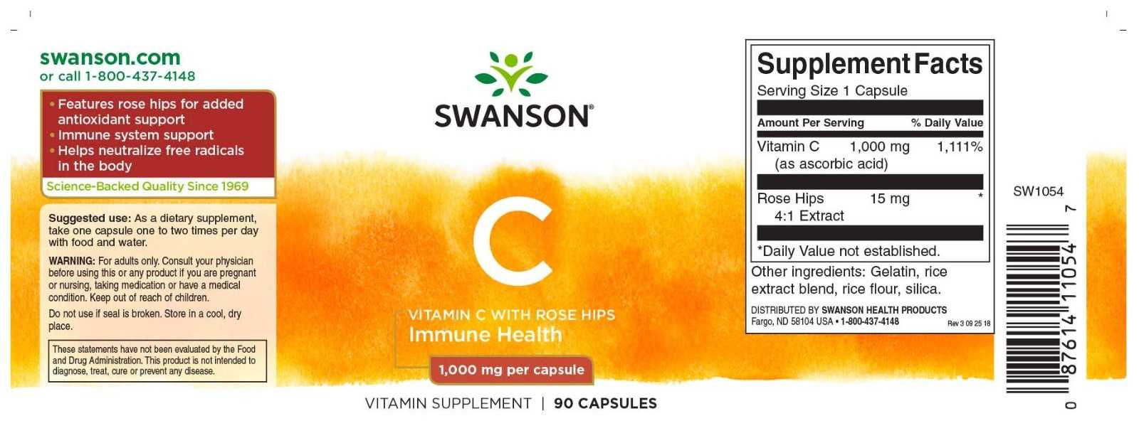 Swanson Vitamina C con escaramujos 1000mg 90 cápsulas