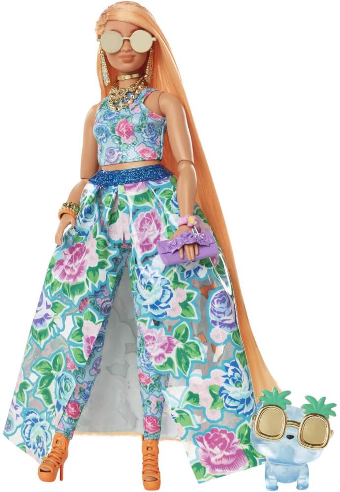 Mattel HHN14 Barbie Extra Fancy Puppe im blauen Kleid mit Blumenmuster