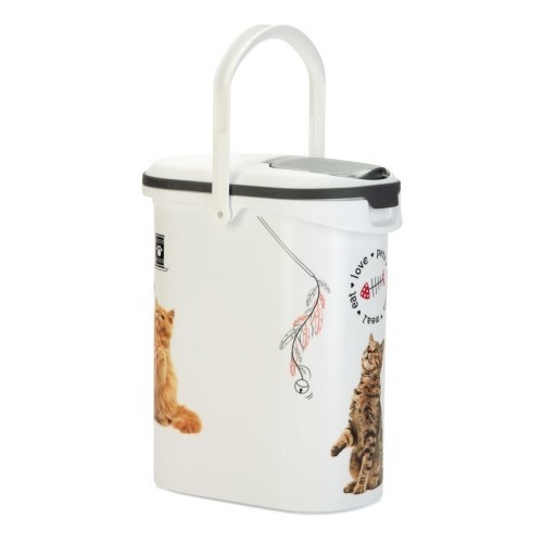 Recipiente branco para armazenar ração de gato com alça.
