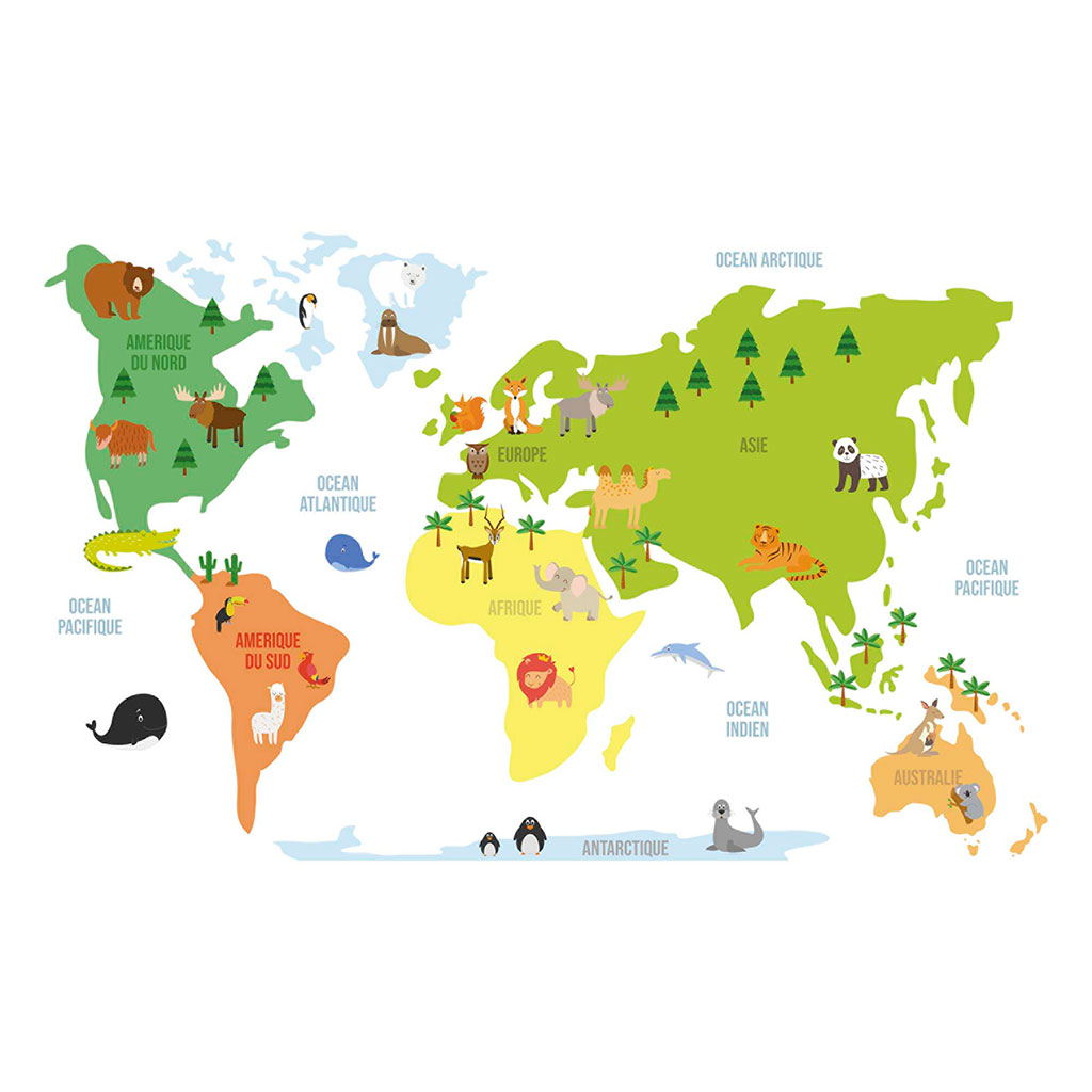 Sticker mural déco enfant carte du monde 70x50cm