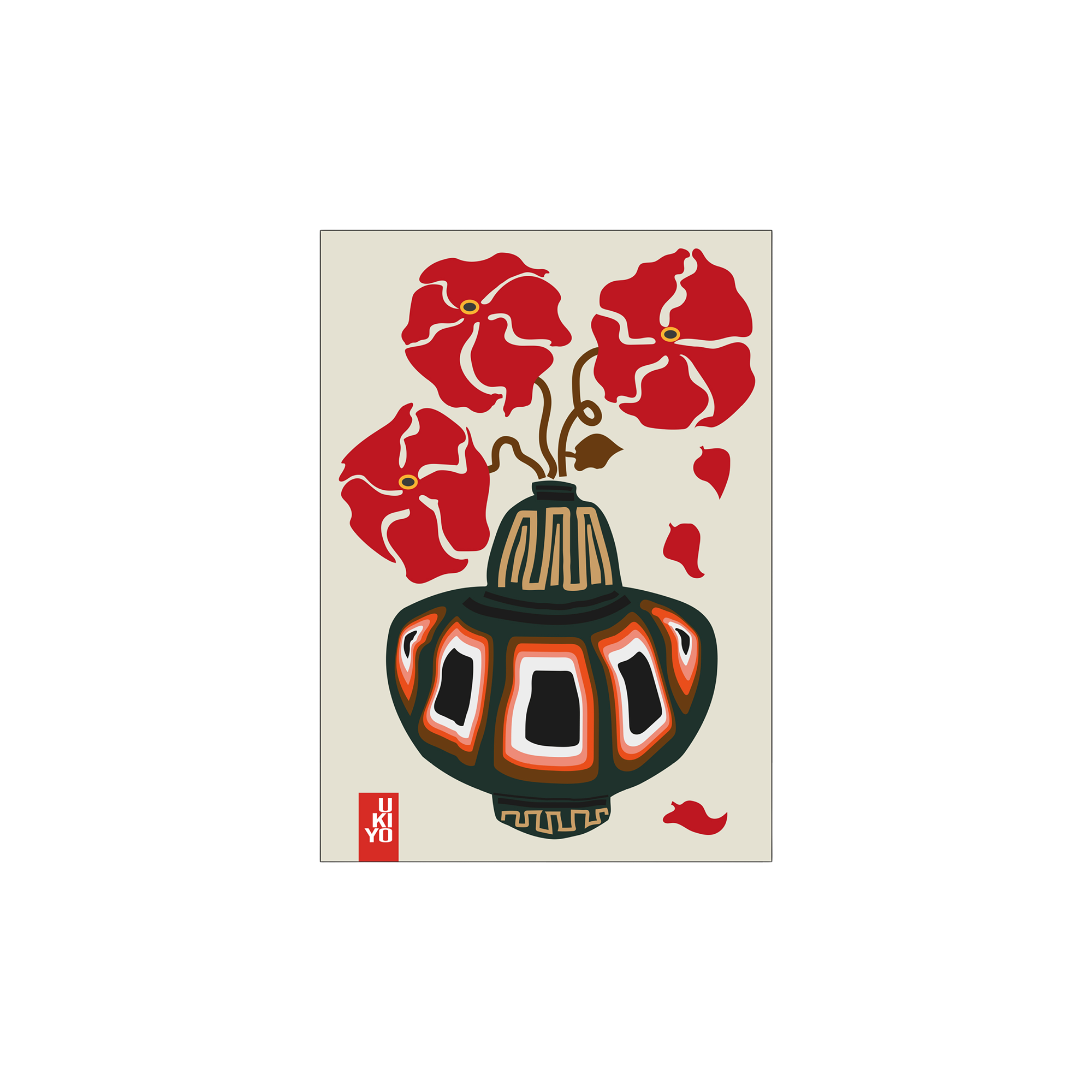 Plakat Ukiyo Vase Flower Greige 50 x 70 | Frances Collett. | Cherry Red | Poster and Frame