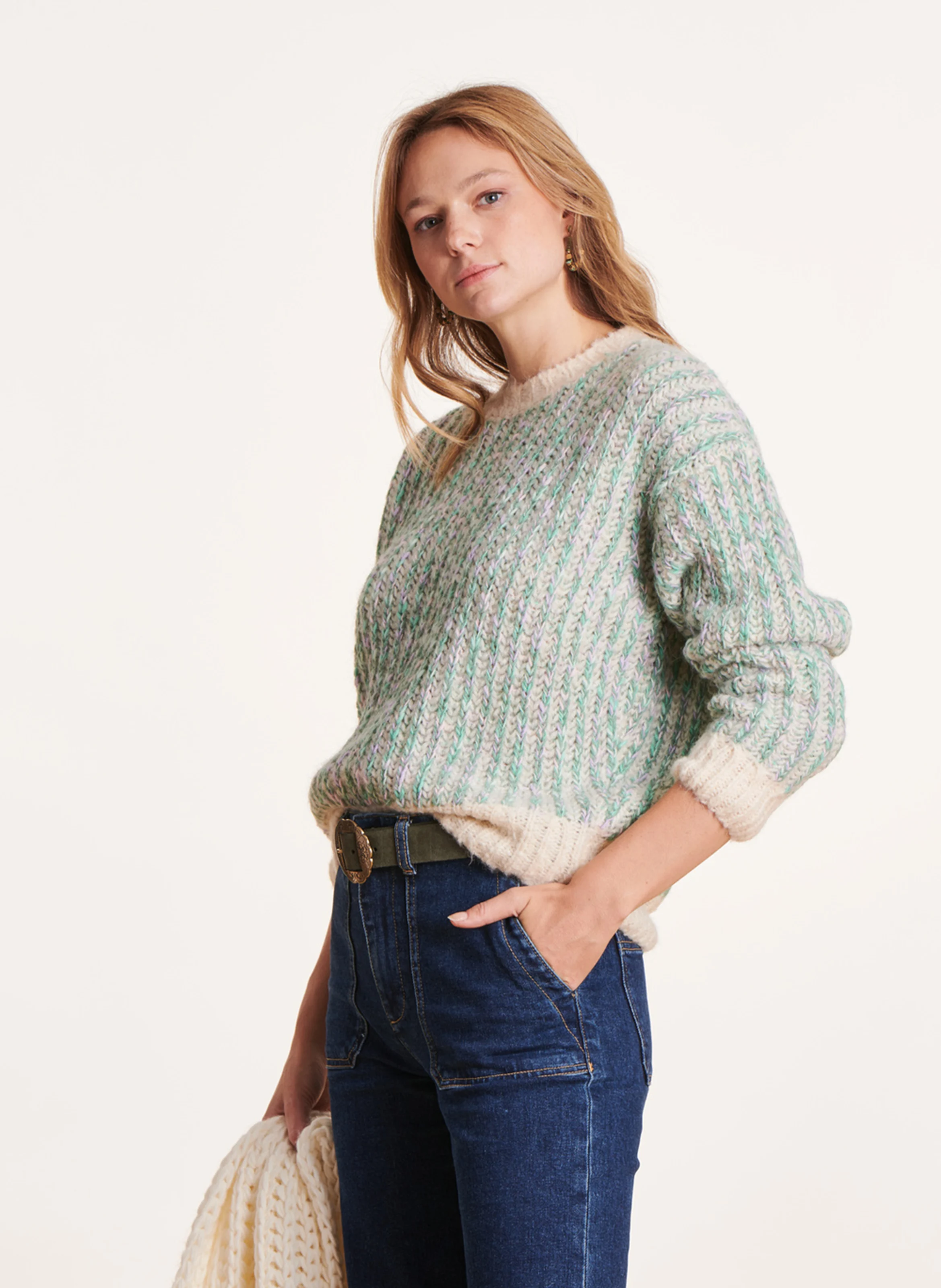Pull ample col rond en maille mélangée | Violet