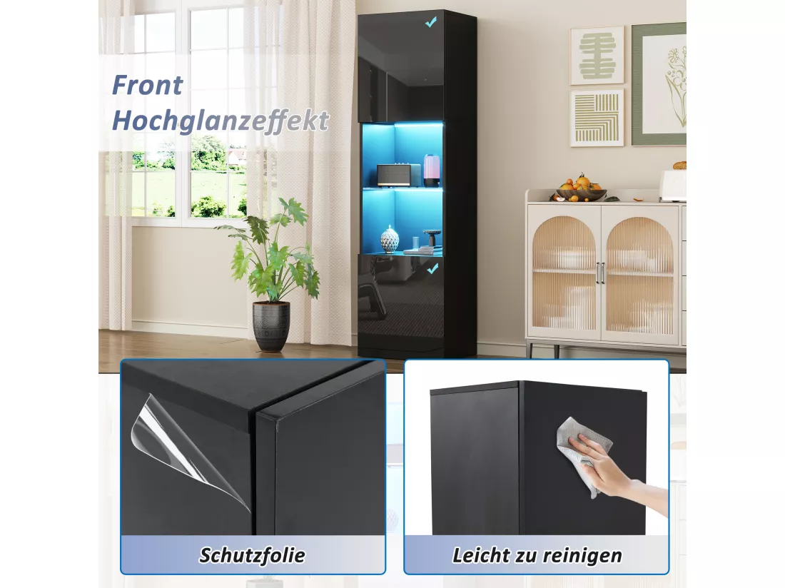 Vitrine avec 2 portes et 1 étagère en verre - 45 x 35 x 160 cm - LEDs - Panneaux de particules - Noire brillant