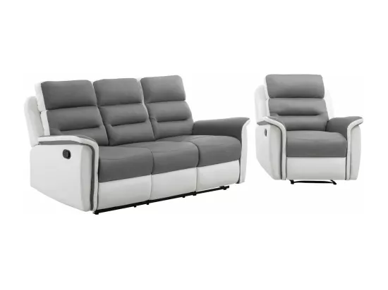 Canapé relax 3 places et 1 fauteuil Léon en PU Blanc et MF Gris - Loungitude