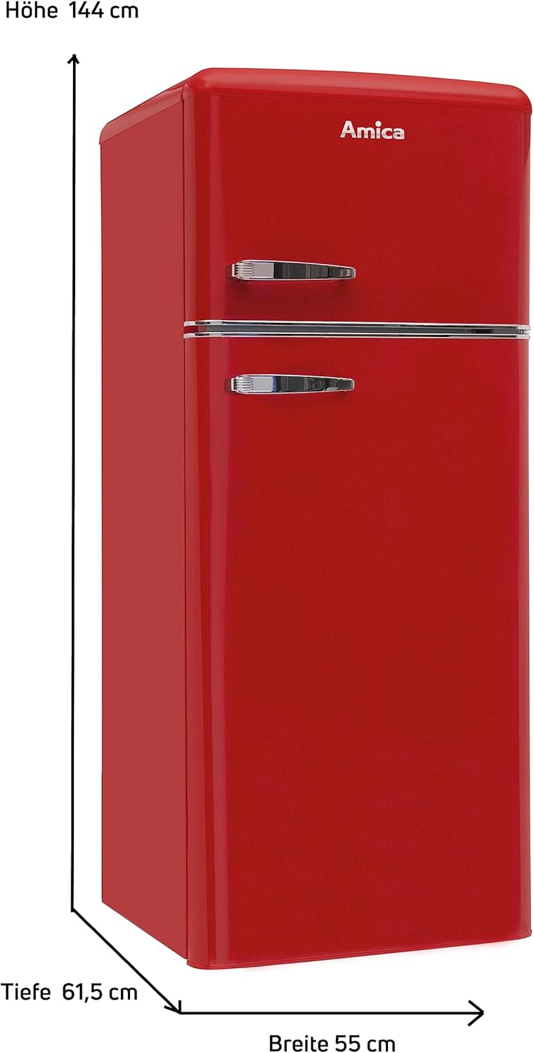 Amica KGC 15630 R Retro Kühl-/Gefrierkombination / Chili Red (Rot) / 144cm (H) x 55cm (B) x 62cm (T) / Retro-Design / Kühlschrank mit Gefrierfach