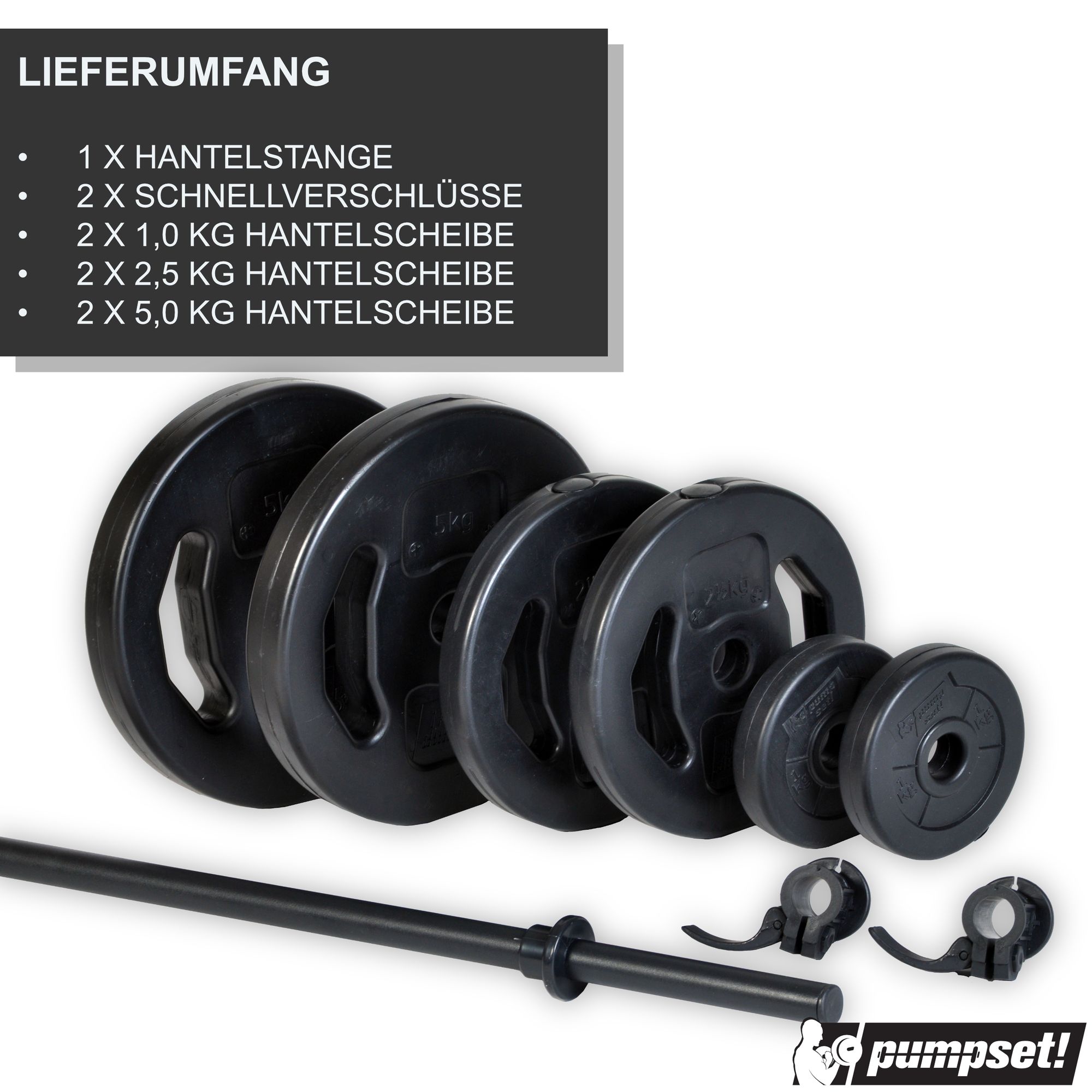 Original pumpset! 20 kg (Stange, Verschlüsse, Scheiben: 2 x 1,0 kg, 2 x 2,5 kg, 2 x 5,0 kg)