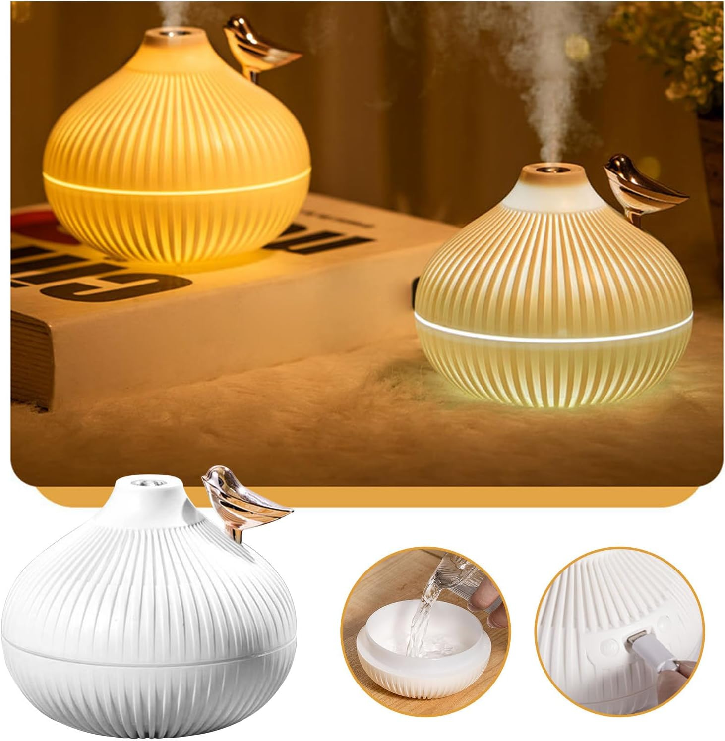 (300ml) Mini USB Luftbefeuchter Aroma Öl Diffuser mit LED Beleuchtung - Weiss / Vogel