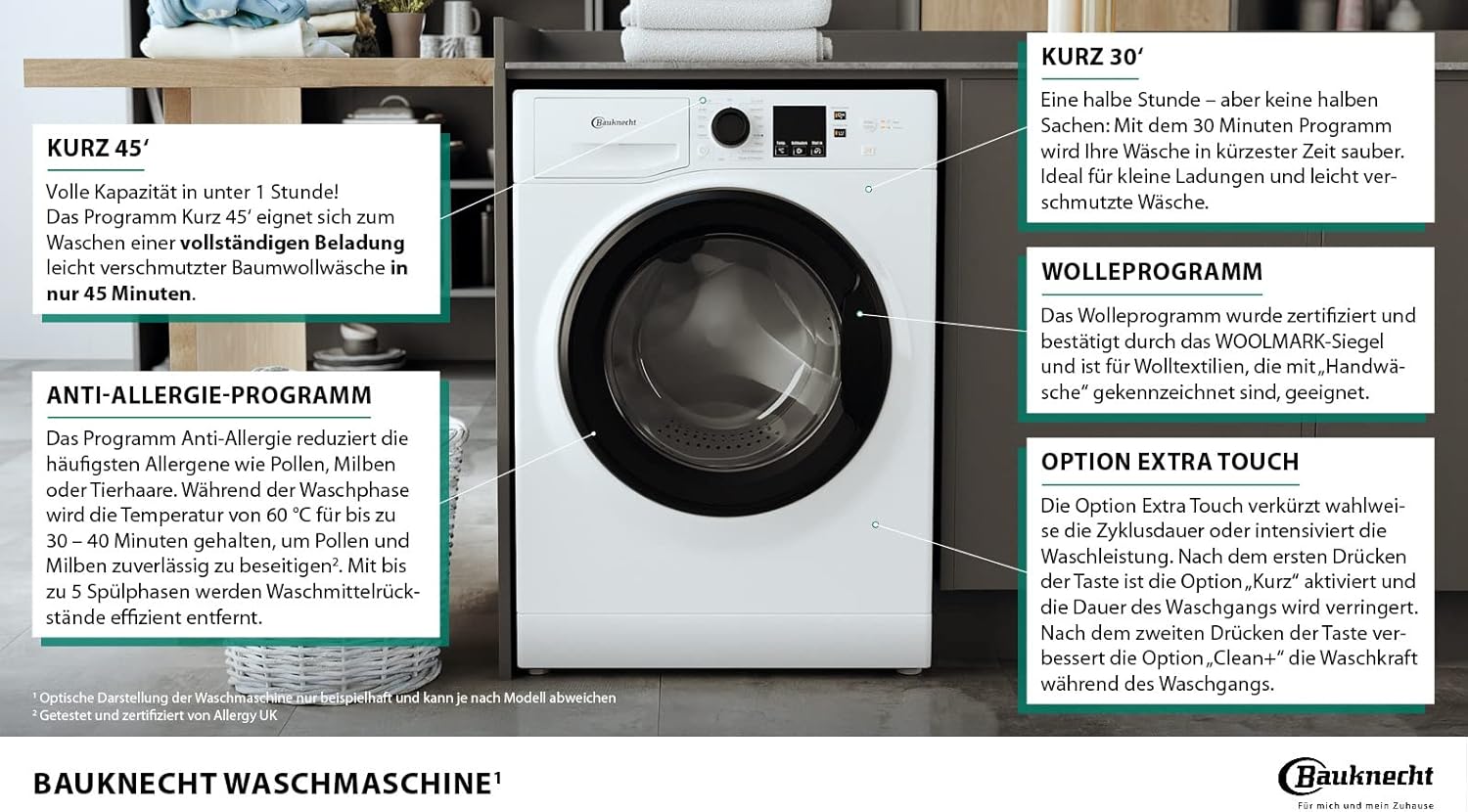 Bauknecht BPW 814 A Waschmaschine Frontlader/ 8kg/ kraftvolle Fleckenentfernung/Clean Plus/Kurz 45' / Anti-Allergie Plus/Mengenautomatik/Option Extra Touch, White