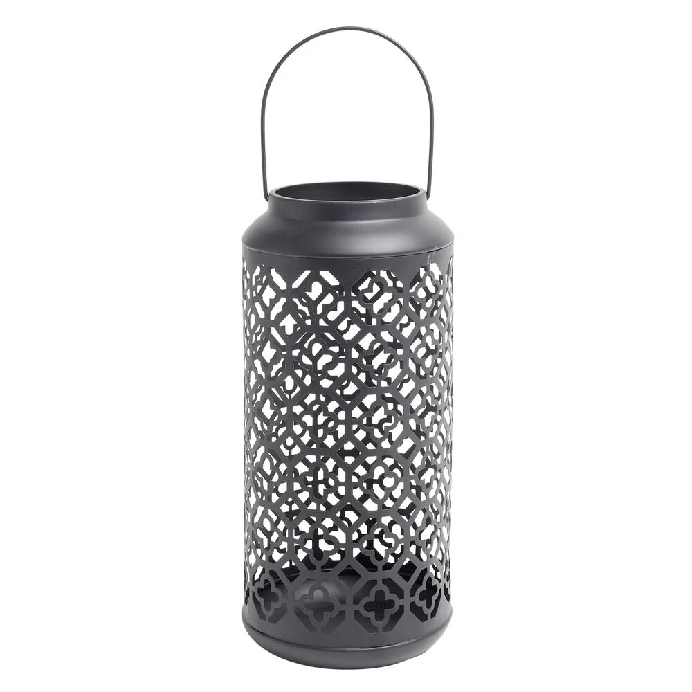 Lanterne carreaux de ciment ajourés métal noir Ø15xH34,5cm