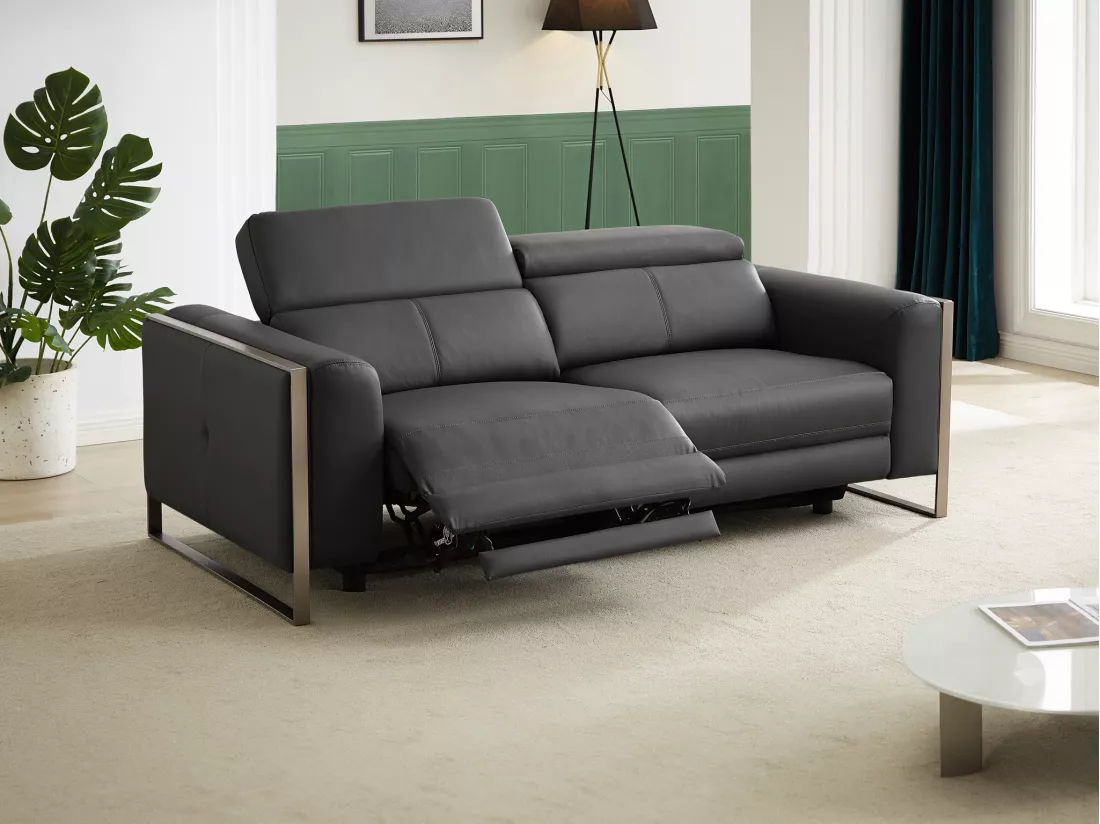 Canapé 3 places relax électrique en cuir gris anthracite DAVOLI
