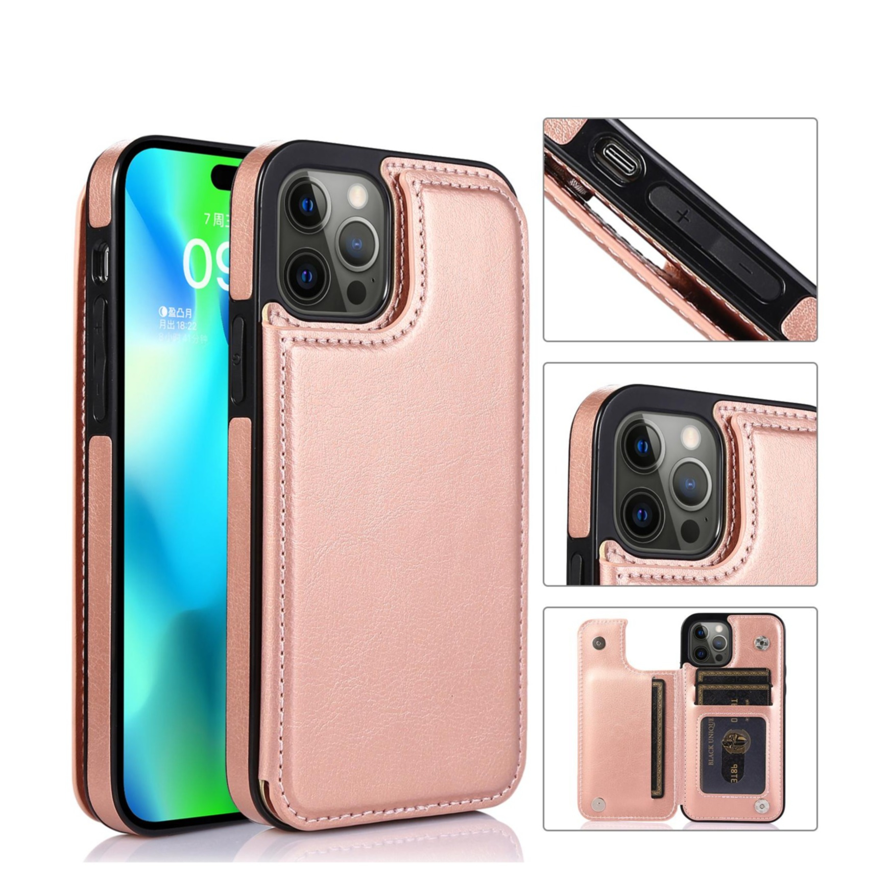 iPhone 14 Pro Max Hybrid Leder Hülle mit Kartenfach   Kickstand Aufsteller - Roségold