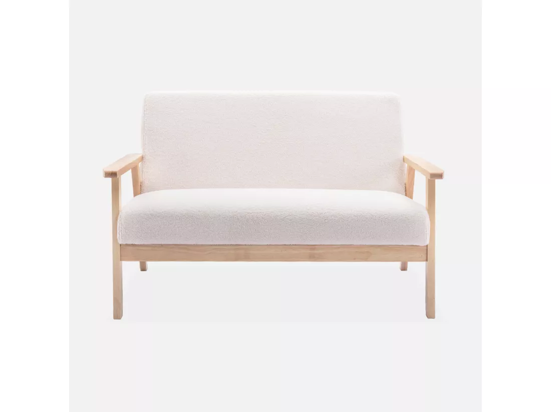 Banquette canapé en bois et tissu bouclette. Isak. L 114 x P 69.5 x H 73cm