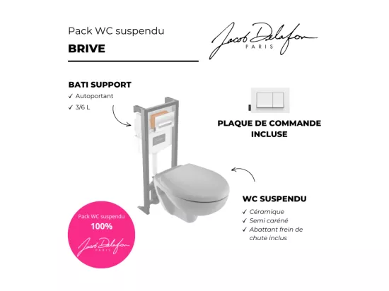 Pack WC suspendu JACOB DELAFON Brive semi caréné + bâti-support + abattant frein de chute + plaque blanche