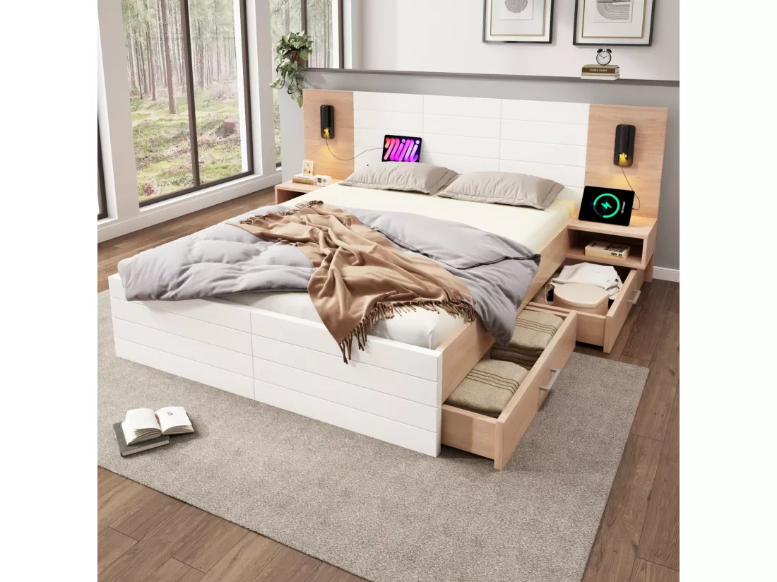 Lit avec tiroirs et chevets 180x200cm, chêne blanc, avec lampes de lecture 360° et Ports de charge USB, 255×207x80cm