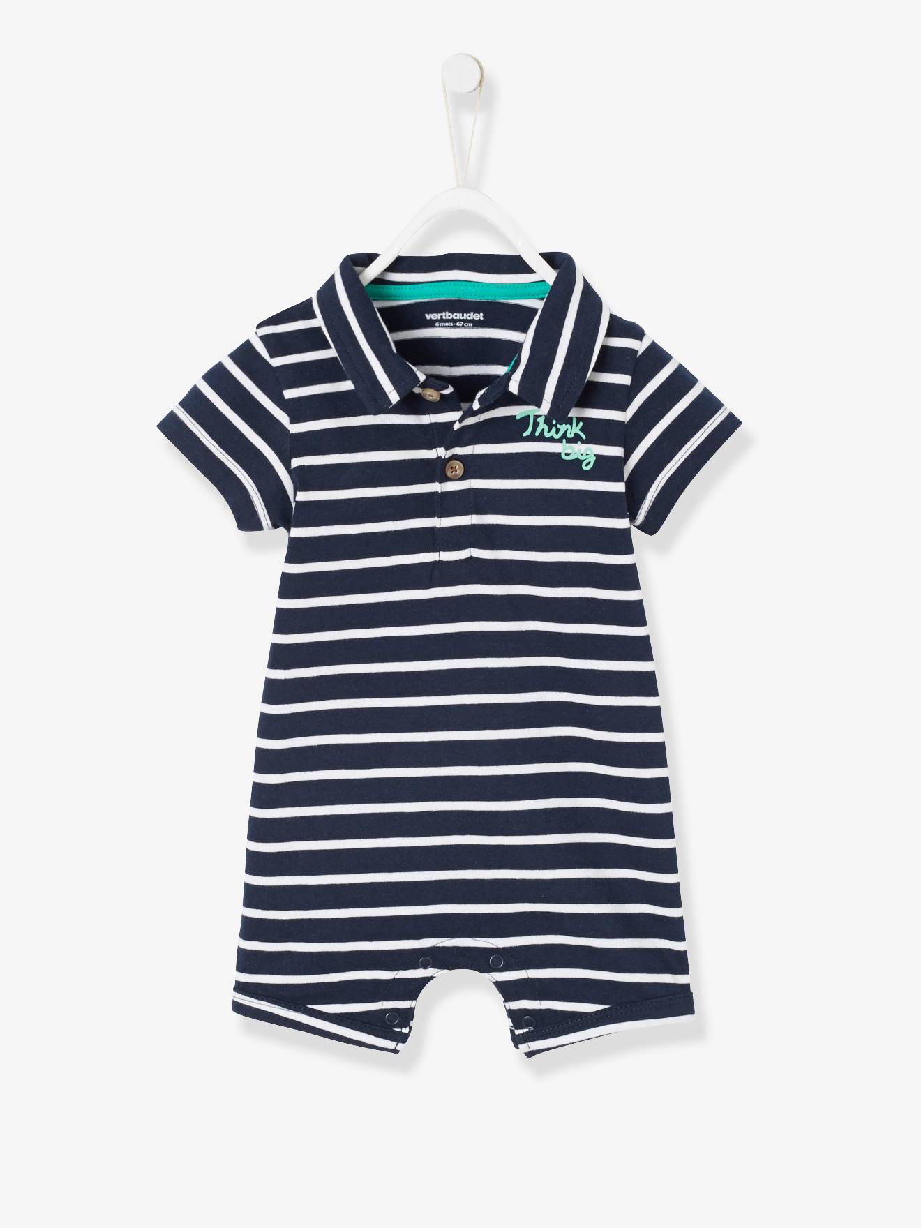 Macacão de praia listrado azul escuro com gola polo para bebê menino