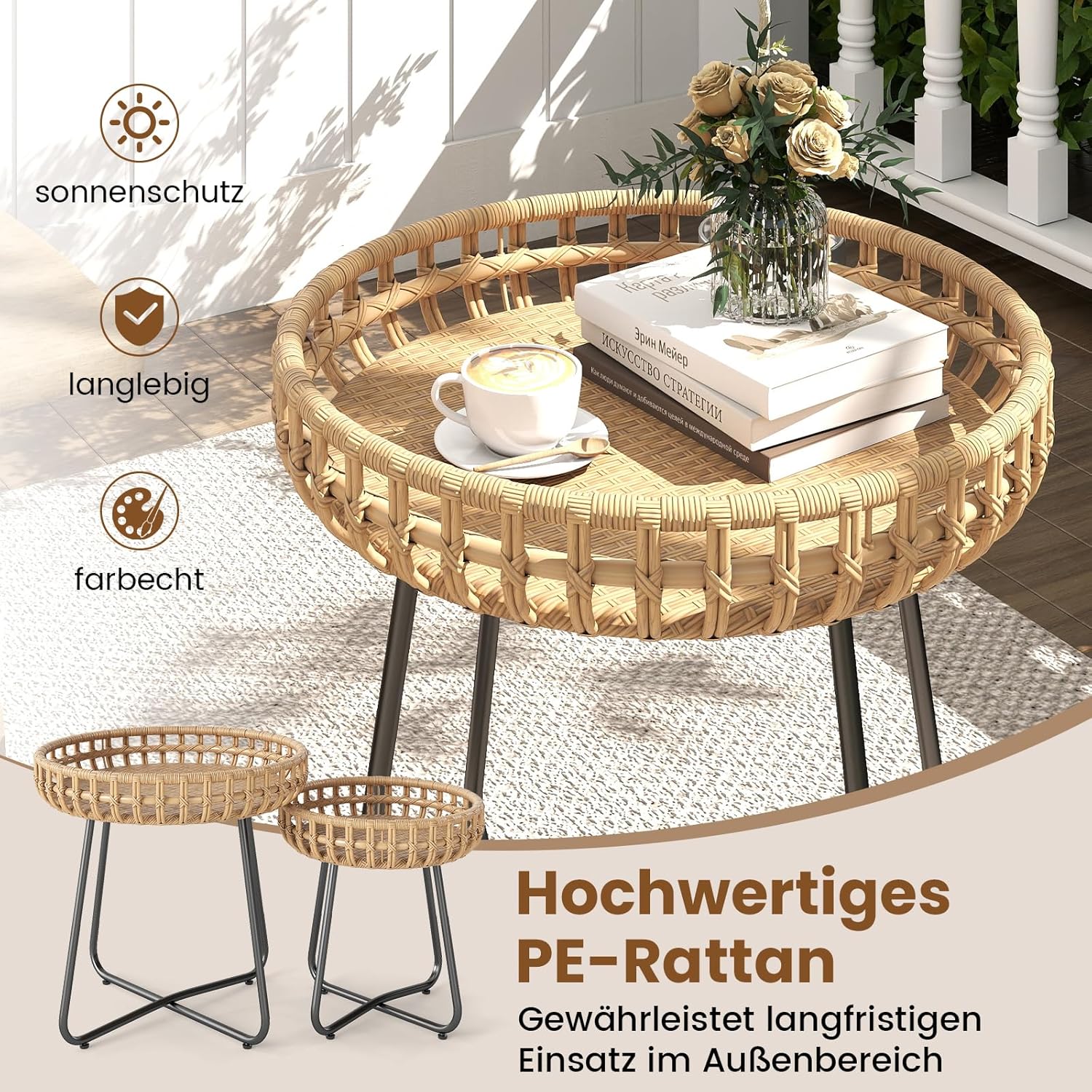 COSTWAY Beistelltisch rund 2er Set, Outdoor Rattan Gartentisch mit Metallrahmen und verstellbaren Füßen, Kleiner Balkontisch, Kaffeetisch für Balkon, Garten, Terrasse, Wohnzimmer CE4817391