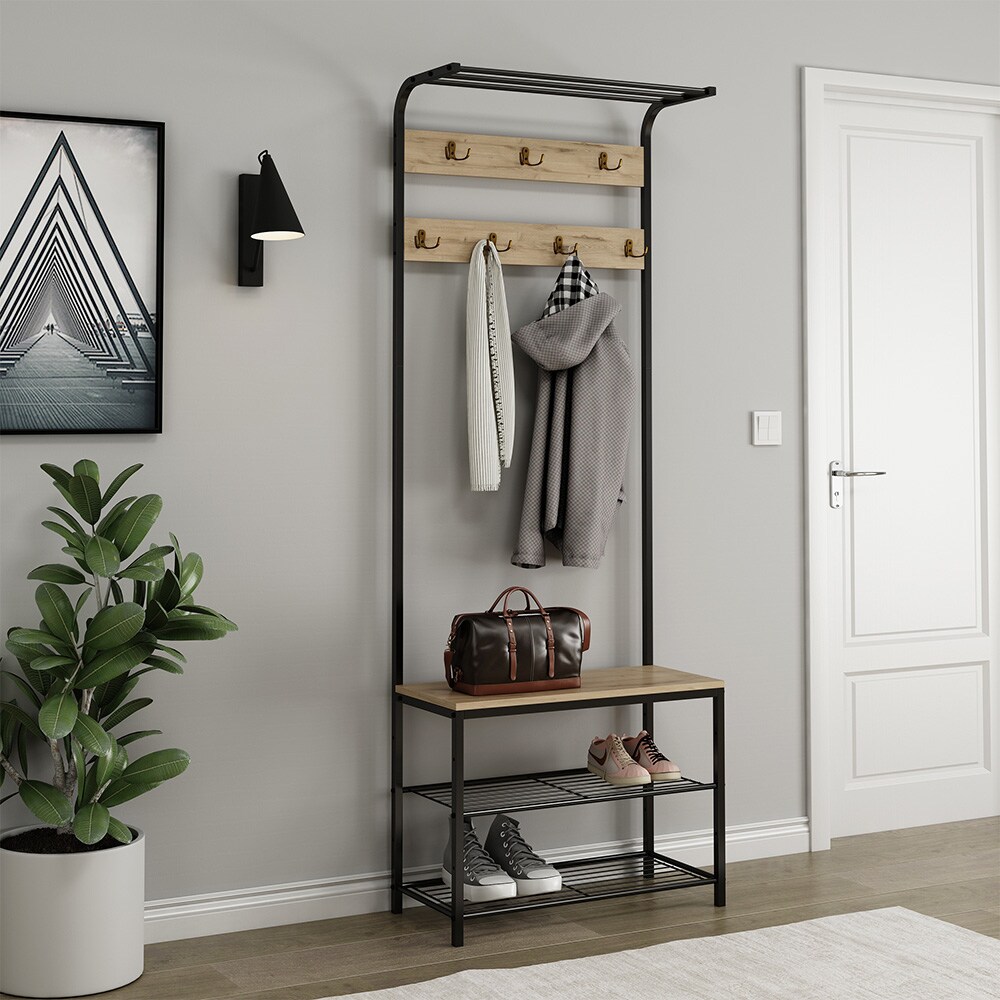 Vicco Garderobe Fyrk, 70 x 190 cm, Eiche Schwarz, Ablage, Bank & Schuhregal, Industrial