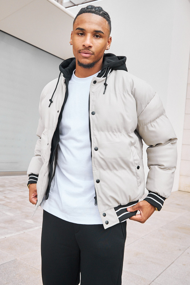 Doudoune courte bi-matière beige et noire