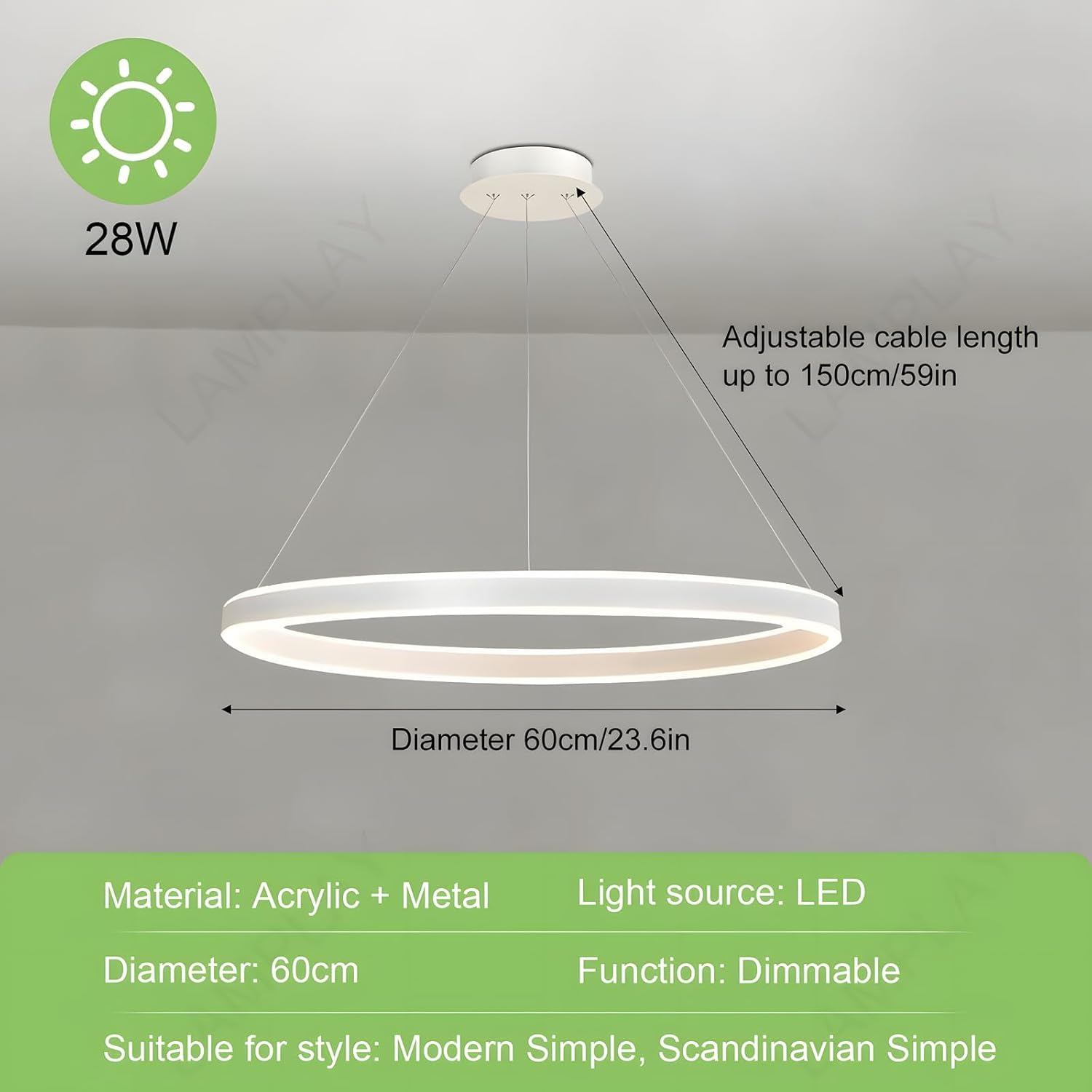 Runde Moderne LED-Pendelleuchte, 1 Weiß Ring-Kronleuchter, Dimmbar Mit Fernbedienung 3000K-6000K Deckenleuchte, Höhenverstellbar, Foyer, Wohnzimmer, Schlafzimmer, Esszimmer(Ø60cm)