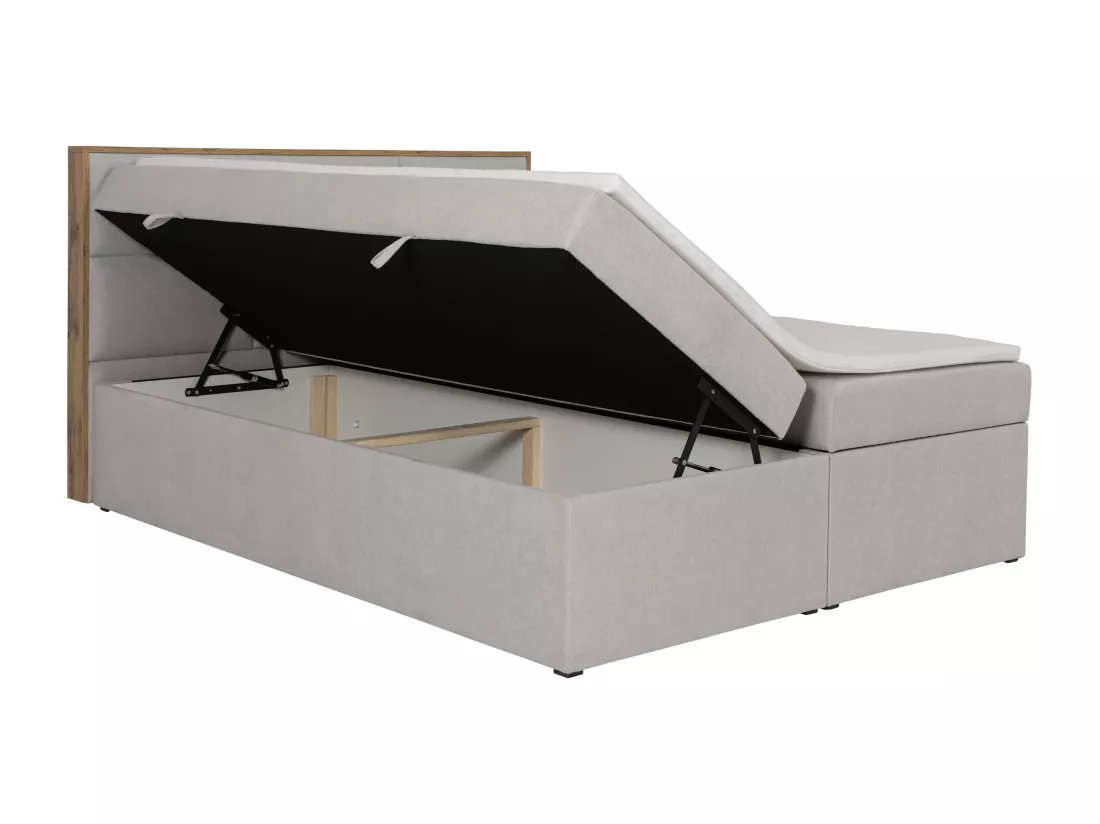 Ensemble complet literie déco tête de lit encadré bois + sommiers coffre + matelas + surmatelas - 160 x 200 cm - Tissu - Gris clair - SIAKI de YSMÉE