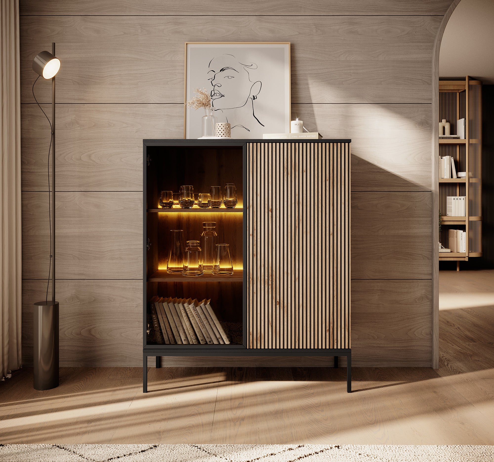 Legend - Vitrinekast - Zwart/eiken - 104x39x126 cm