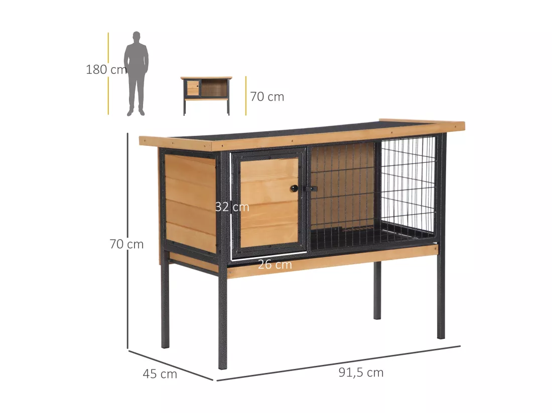 Cage à lapin clapier sur pied - toit ouvrable - dim. 91,5L x 45l x 70H cm - métal époxy bois pré-huilé