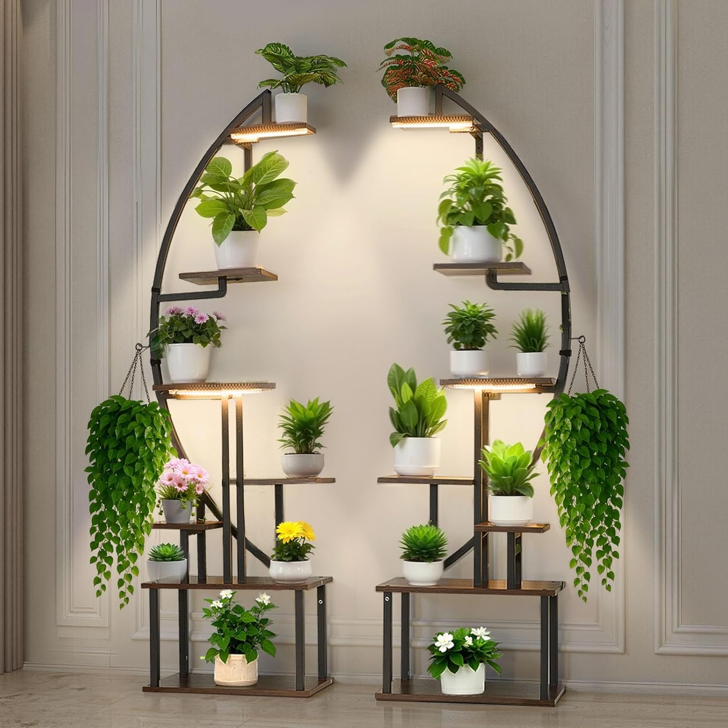 VEVOR Pflanzenständer mit Wachstumslichtern 2er Pack, 7-stufiger Blumenständer, Blumentreppe, Pflanzentreppe, 3 Timer- & 10 Helligkeitsstufen, Blumenregal für das Wohnzimmer, 550x260x1665mm
