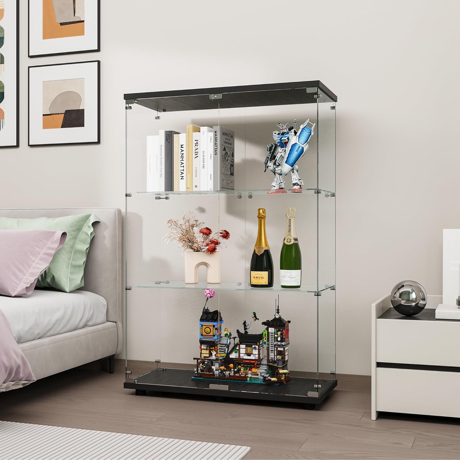 FANYUSHOW Glasvitrine Standvitrine in Schwarz, Modern Glas Holz Vitrine 3-Lagen Vitrine aus Glas für Sammlerstücke Bücher Wein, für Büro Wohnzimmer Küche, 125 x 79 x 36.5 cm