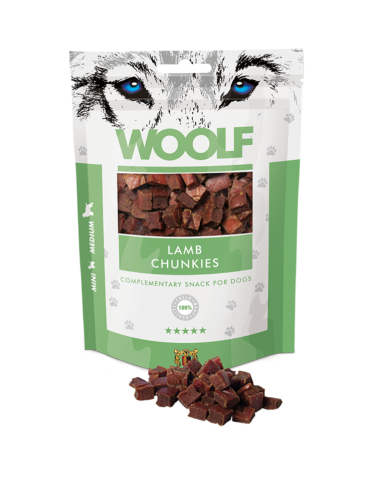 Woolf Lamb Chunkies 100g<br>Naturlig og proteinrik! Zip-lås pose
