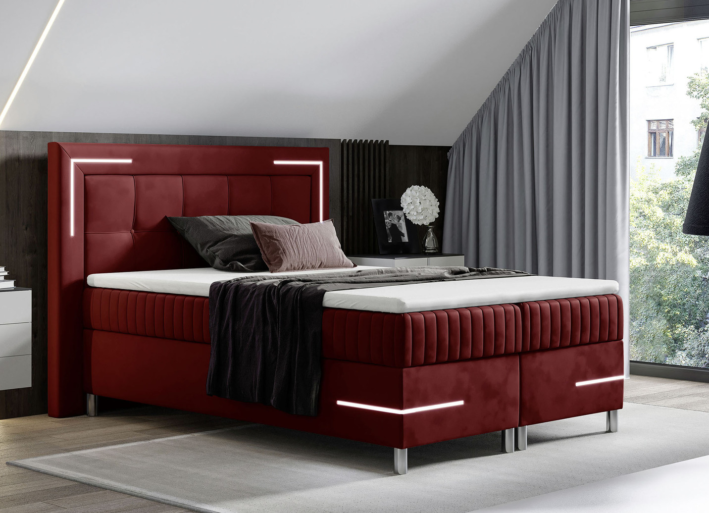 Boxspringbett mit LED-Beleuchtung und Topper