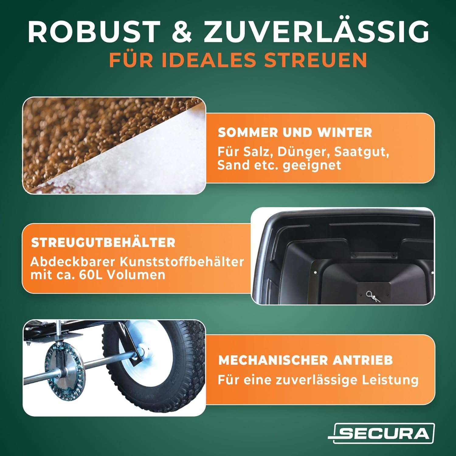 SECURA UNIVERSAL Streuanhänger für Rasentraktoren und Aufsitzmäher | Saatgutstreuer | Streusalz-Anhänger | bis 56 KG | Für Dünger, Saatgut, Streusalz, Sand
