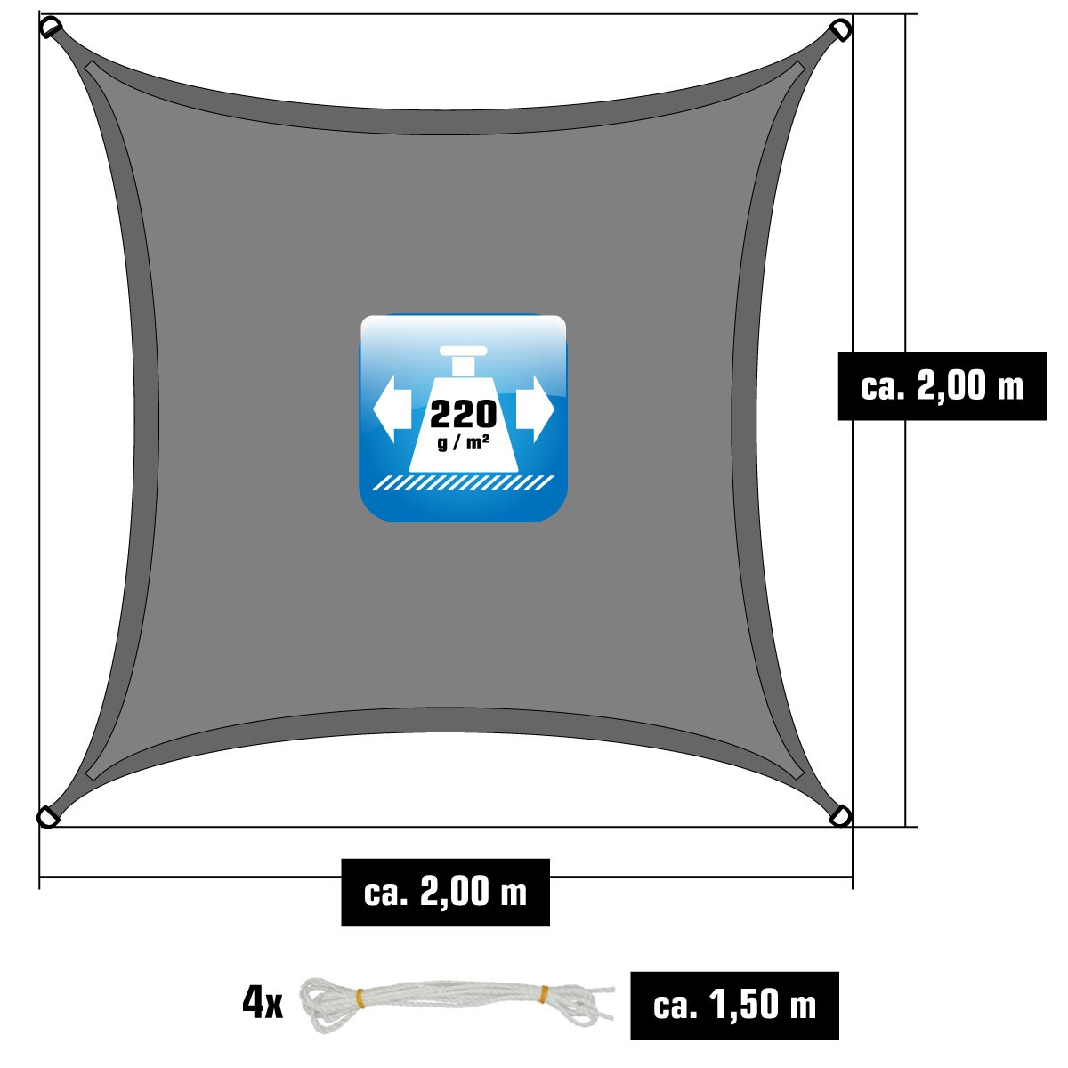 AMANKA 2 x 2 HDPE schaduwdoek - Grey