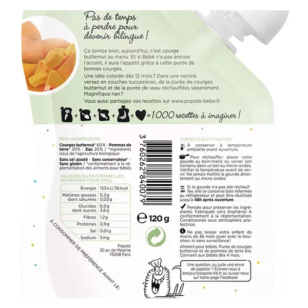 Popote Legumes Abóbora-manteiga +4m Orgânico 120g