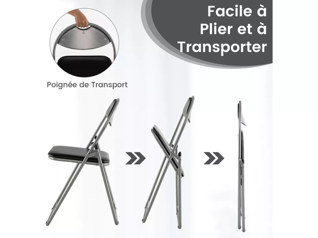 Lot de 6 Chaise Pliante en Métal, Chaise Visiteur Pliable Rembourré avec Poignée, Charge 115 kg, sans Assemblage, Noir
