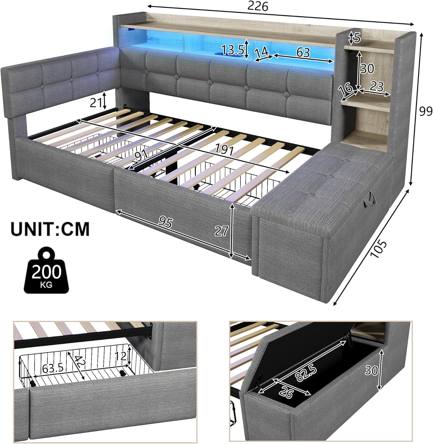 Tagesbett, Daybett, Schlafsofa, 90×190cm, mit Zwei Schubladen, USB- und Typ-C-Anschlüssen, Ablagefach, Stauraumbank am Fußende, LED-Lichtleiste, Ohne Matratze, Samt (Dunkelgrau)