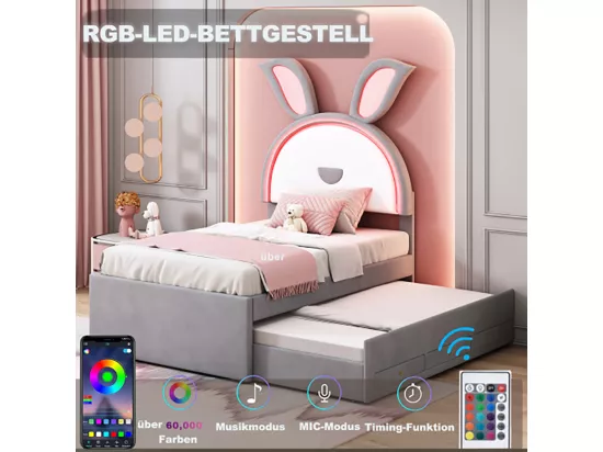 Lit gigogne enfant 90 x 200 cm velours canapé-lit avec lit gigogne tiroir de rangement et lumière LED gris